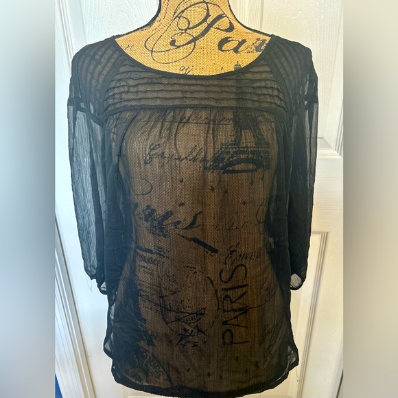 Sparkly Sheer Black Embroidered 3/4 Sleeve Top Blouse Shirt Size Medium See Pics - Picture 1 of 12